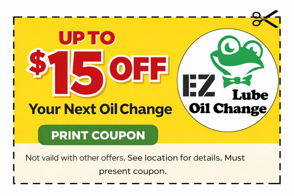 Coupon image offering up to $15 off your next oil change at EZ Lube Oil Change, featuring the EZ Lube frog logo, bold discount text, and printable oil change savings.