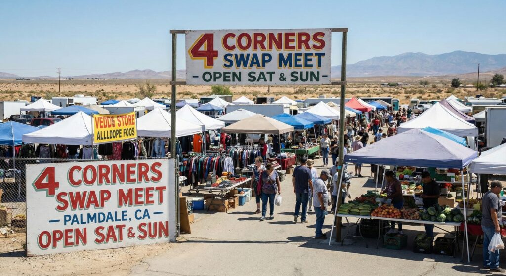 Bustling entrance of the 4 Corners Swap Meet in Palmdale, California, on a sunny weekend. Shoppers browse vendor tents selling fresh produce and various goods under large signs that read "4 Corners Swap Meet - Palmdale, CA - Open Sat & Sun" against a desert mountain backdrop.