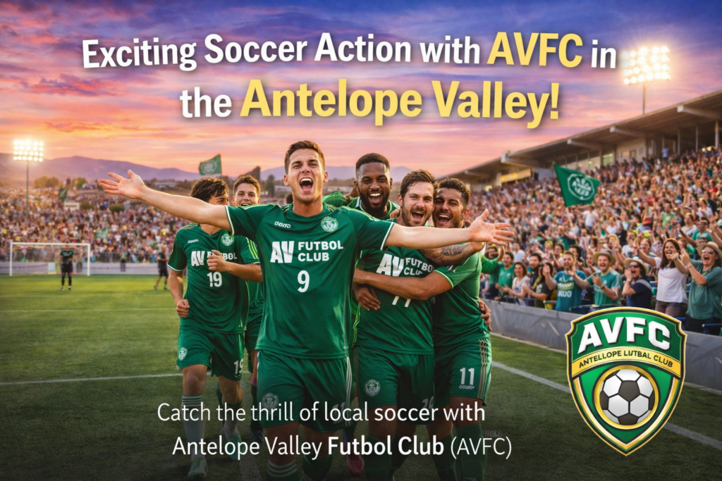 Players from AVFC (Antelope Valley Futbol Club) in green jerseys celebrate a victory on the field with cheering fans in the stadium behind them at sunset, capturing the excitement of local soccer in the Antelope Valley.