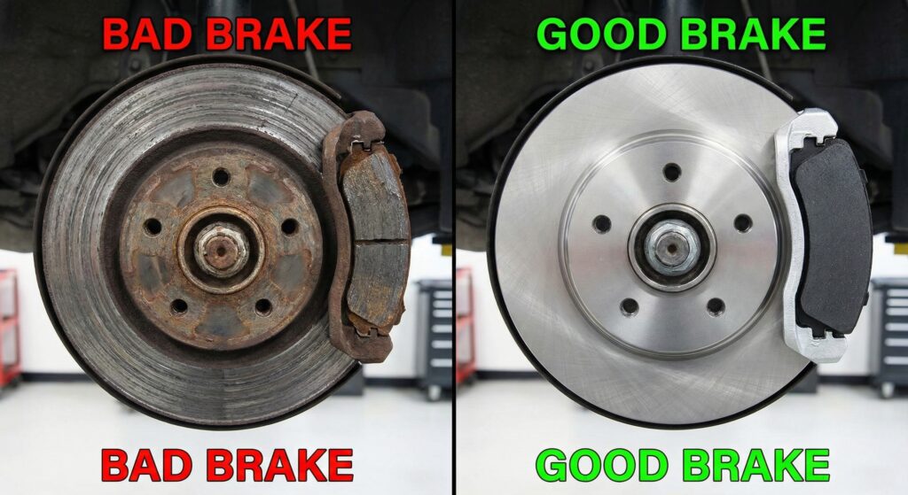 Side-by-side comparison of a worn-out, rusted brake pad with no lining left versus a brand new, thick ceramic brake pad.