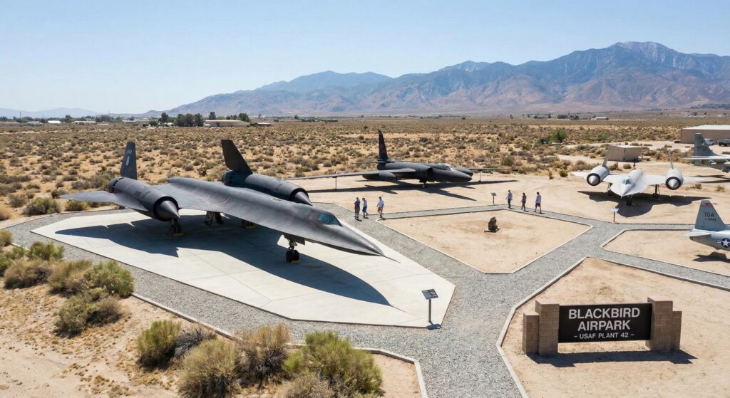 SR-71 Blackbird spy plane and U-2 Dragon Lady on display outdoors at Blackbird Airpark in Palmdale, California, with desert mountains in the background.