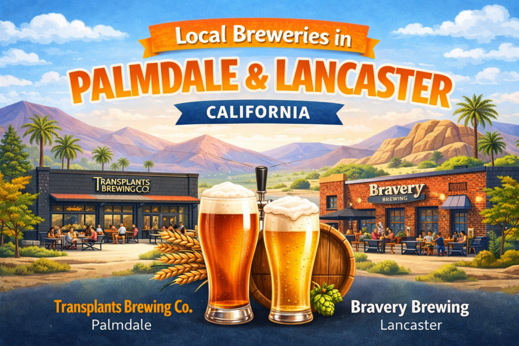 Illustrated scene of local breweries in Palmdale and Lancaster, California featuring Transplants Brewing Company and Bravery Brewing with craft beer glasses and desert mountain scenery.