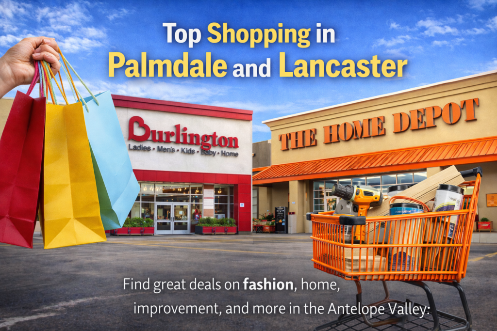A promotional image showing the Burlington and Home Depot storefronts in Palmdale, California, with colorful shopping bags and a filled orange cart highlighting fashion and home improvement shopping in the Antelope Valley.