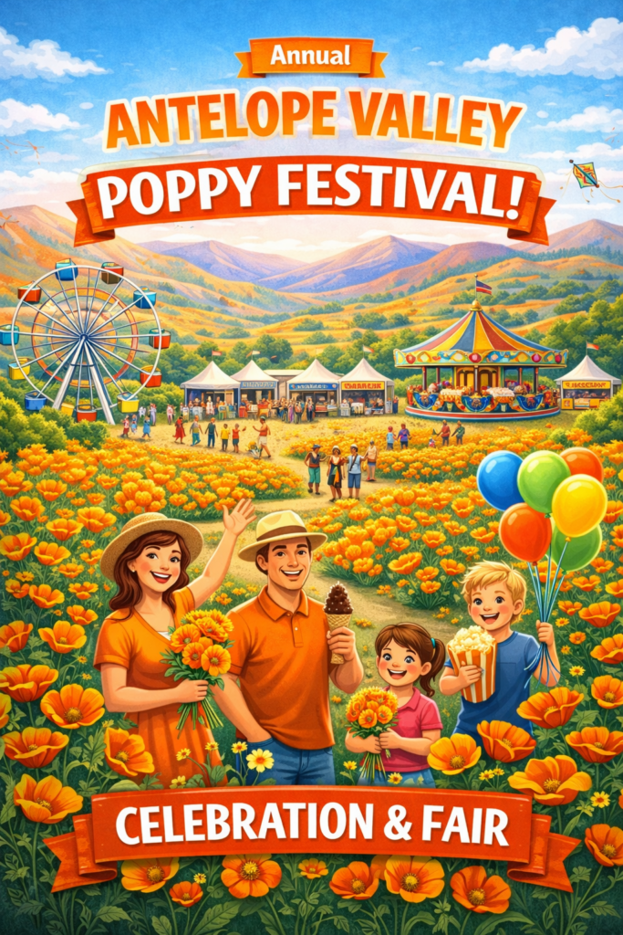 Illustration of the Annual Antelope Valley Poppy Festival showing families enjoying a spring fair with carnival rides, food booths, and colorful California poppy fields in full bloom.