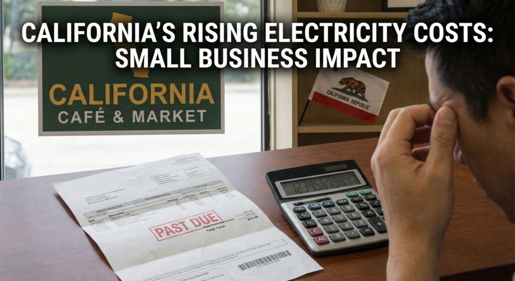 Stressed California small business owner reviewing a high electricity bill with a rising cost chart in the background.