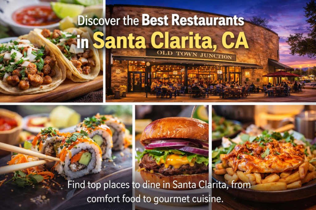 A colorful collage of Santa Clarita restaurants featuring tacos, sushi, burgers, and patio dining at Old Town Junction under a twilight sky, showcasing the city’s diverse food scene.