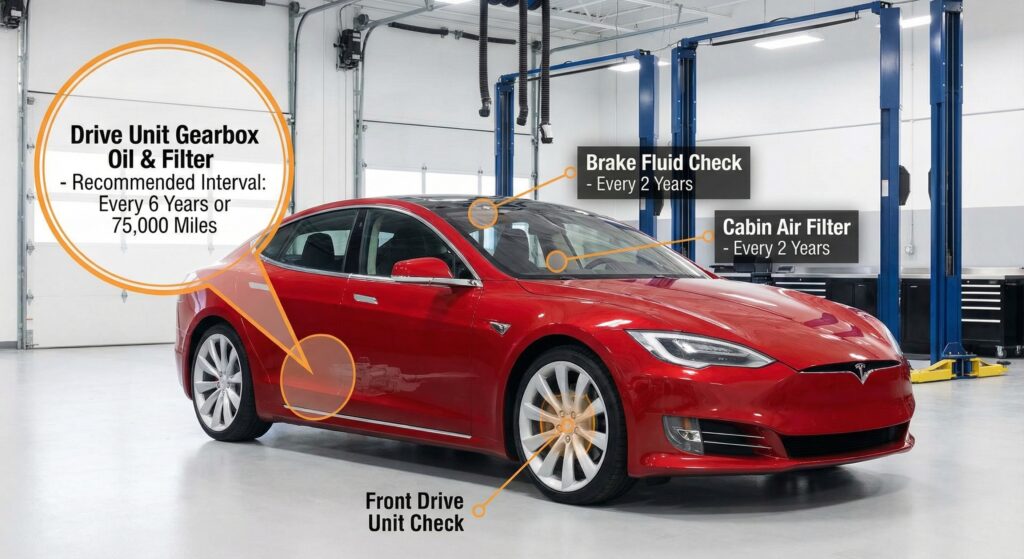 Infographic of a red Tesla Model S in an auto repair bay with orange call-out boxes highlighting maintenance points. The largest box points to the rear axle, reading "Drive Unit Gearbox Oil & Filter - Recommended Interval: Every 6 Years or 75,000 Miles." Other boxes point to "Brake Fluid Check - Every 2 Years," "Cabin Air Filter - Every 2 Years," and "Front Drive Unit Check."