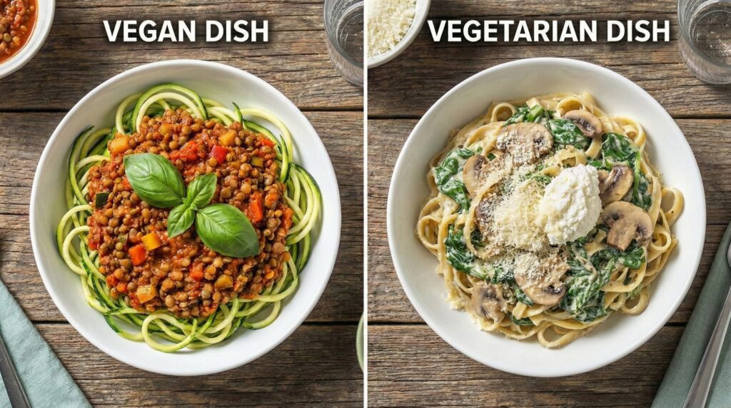 Side-by-side comparison photo on a wooden table. The left bowl, labeled "VEGAN DISH," contains lentil bolognese with zucchini noodles and basil. The right bowl, labeled "VEGETARIAN DISH," contains creamy spinach and mushroom pasta topped with ricotta and Parmesan cheese.