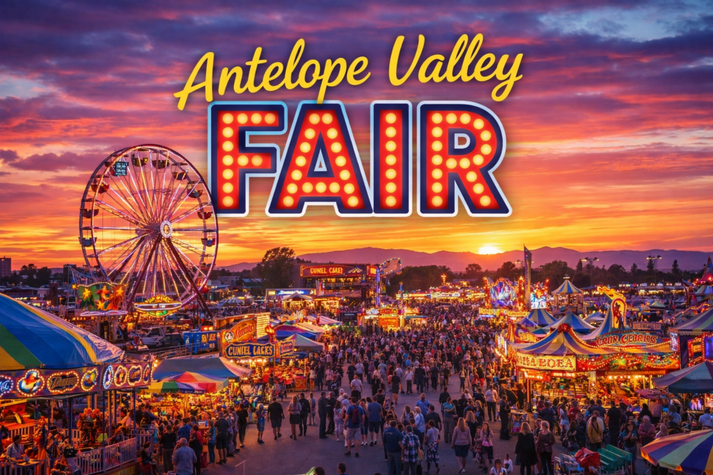 A colorful crowd enjoys the Antelope Valley Fair in Lancaster, California at sunset, featuring a Ferris wheel, carnival booths, and food stands glowing with lights under a vibrant orange and purple sky.