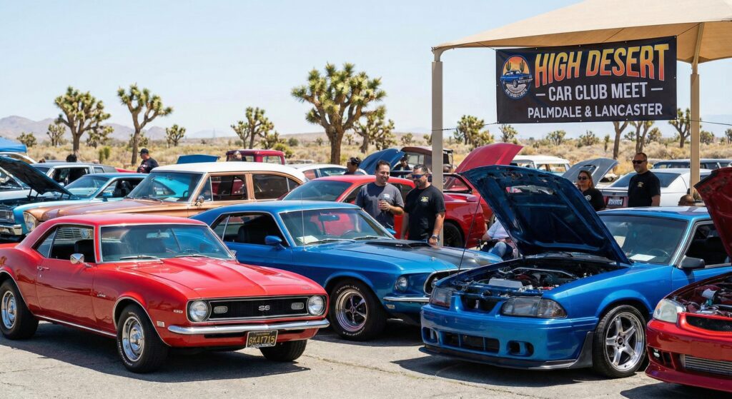 High Desert Car Club Meet with classic American muscle cars and enthusiasts gathering under a canopy in a desert setting in Palmdale and Lancaster.