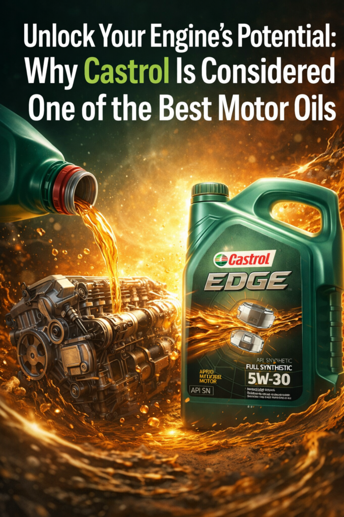 Castrol motor oil pouring into a high-performance engine, illustrating how Castrol full synthetic oil improves engine protection, efficiency, and performance.