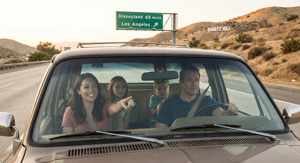 A family of four in a station wagon driving on a highway, with the "QUARTZ HILL" hillside sign visible in the background. The mother is pointing forward as they pass a green freeway overhead sign indicating "Disneyland 65 MILES" and "Los Angeles."