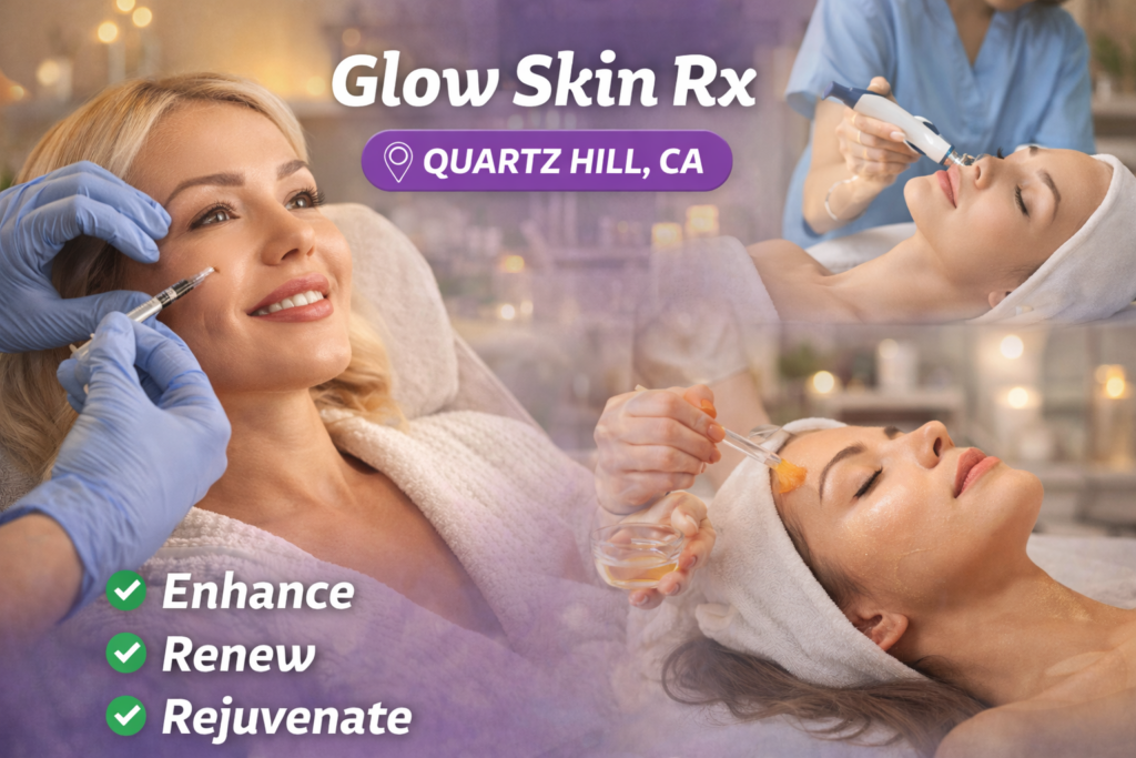 Professional skincare treatments at Glow Skin Rx in Quartz Hill, California including facial rejuvenation and advanced aesthetic services in a calm spa setting.