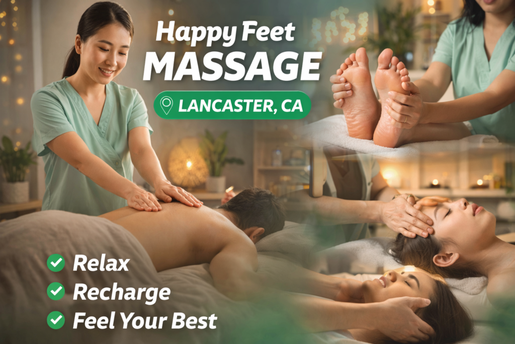 Therapists providing relaxing foot, back, and head massage services at Happy Feet Massage in Lancaster, California in a calm and professional spa setting.