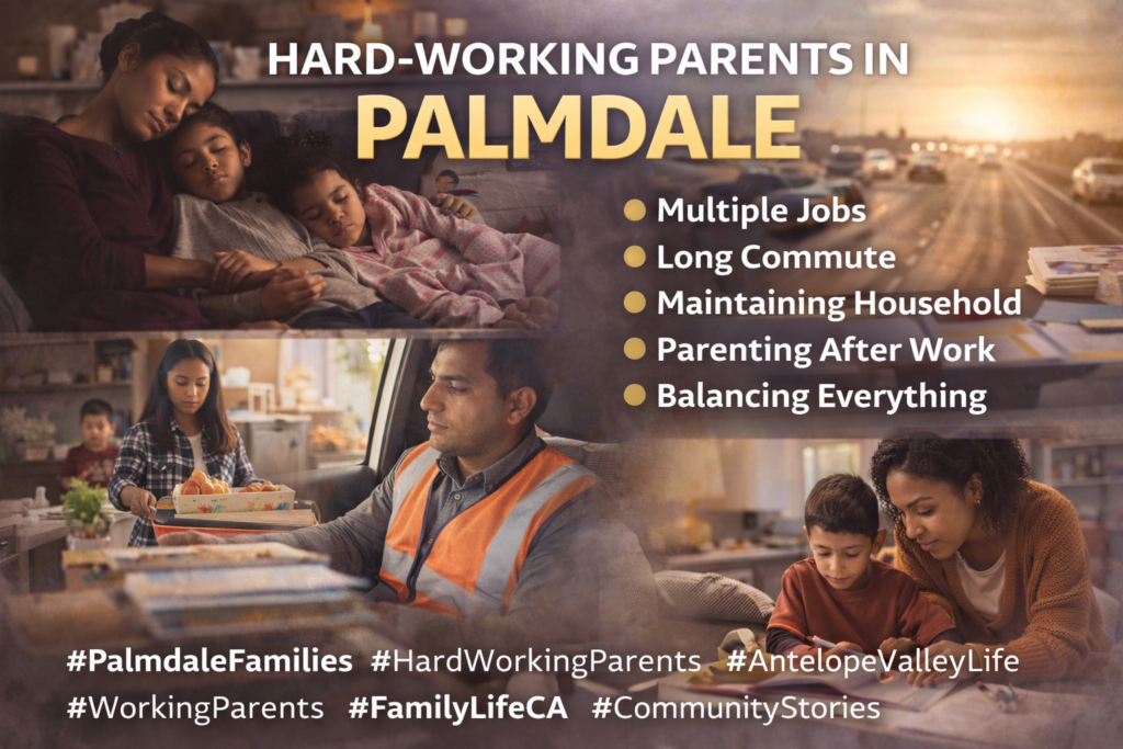 Hard-working parents in Palmdale, California balancing multiple jobs, long commutes, and family responsibilities while maintaining a household in the Antelope Valley.