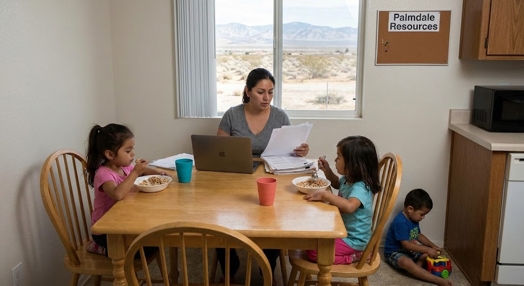 Stressed single mother in Palmdale sitting at a kitchen table reviewing bills and legal paperwork while her three children play in the background. Concept art illustrating the financial strain of unpaid child support for families in the Antelope Valley.