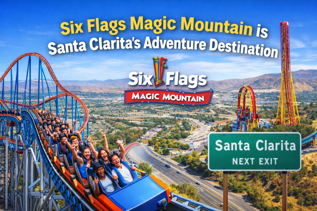 A vibrant image of roller coasters at Six Flags Magic Mountain in Valencia, California, with a Santa Clarita freeway sign in the foreground and joyful riders on a high-speed coaster under a clear blue sky.