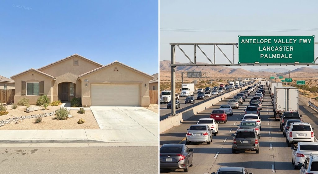 Split image showing a typical single-story stucco home with desert landscaping in Lancaster, CA on the left, and heavy commuter traffic on the Antelope Valley Freeway (SR-14) with a sign for Lancaster and Palmdale on the right.