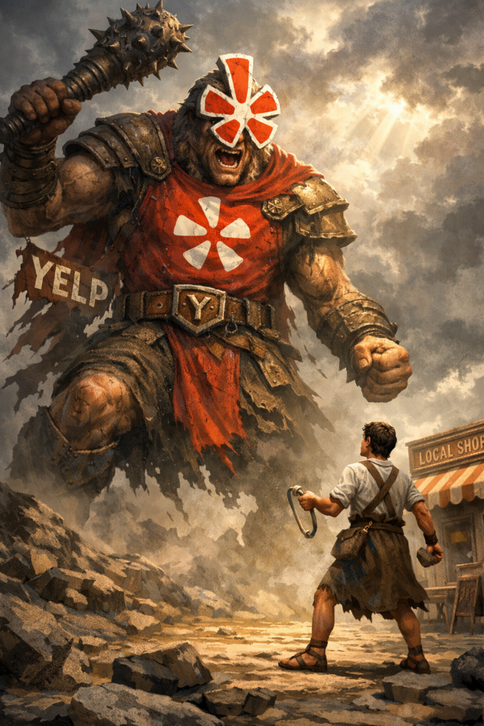 Illustration showing Yelp portrayed as a giant Goliath figure towering over a small local business owner depicted as David, symbolizing the struggle of small businesses against large review platforms.