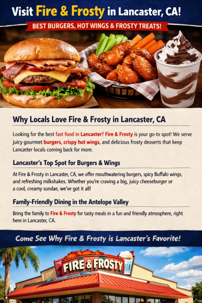 Fire & Frosty in Lancaster, California featuring a juicy burger, crispy hot wings, creamy chocolate vanilla shake, and restaurant storefront.