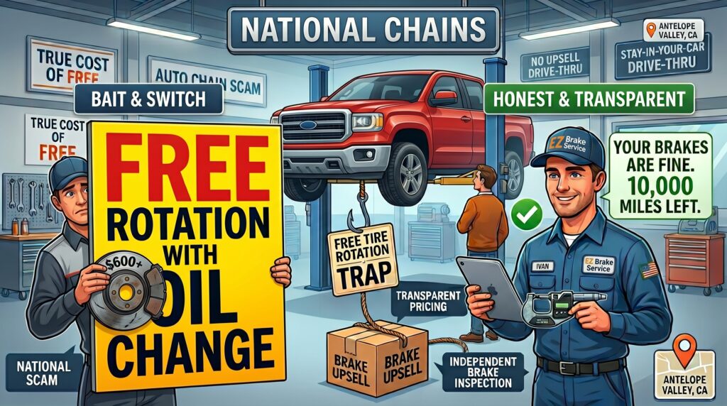 An illustration contrasting a deceptive national auto chain mechanic using a giant free tire rotation and oil change sign to push a $600 brake upsell, compared to an honest independent technician providing a transparent, no-upsell brake inspection in the Antelope Valley.